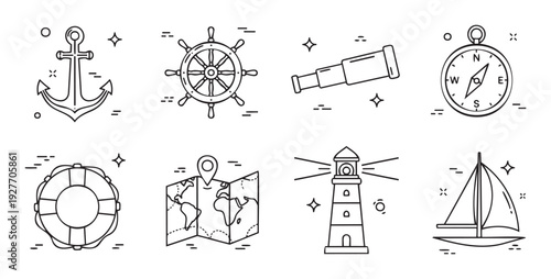 Line icons for maritime exploration and global navigation featuring anchor, ship wheel, spyglass, compass, lifebuoy, world map, lighthouse, and sailboat, perfect for travel themes.