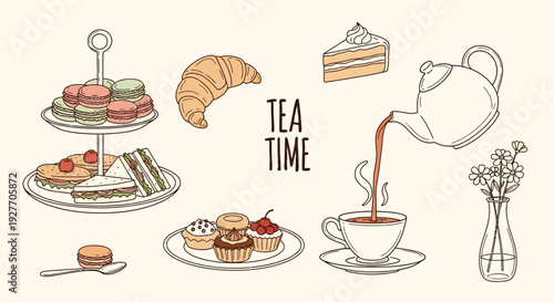 Whimsical Tea Time Illustration with Pastries, Sandwiches, and Tea Service