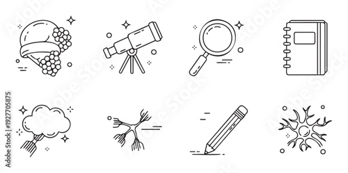 Explore various outline icons representing essential tools for learning and scientific discovery, perfect for educational materials, study guides, and intellectual themed presentations.