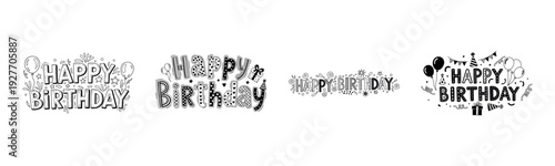 Happy birthday text designs with balloons and gifts in black and white