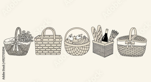 Set of five different wicker picnic baskets filled with food and flowers