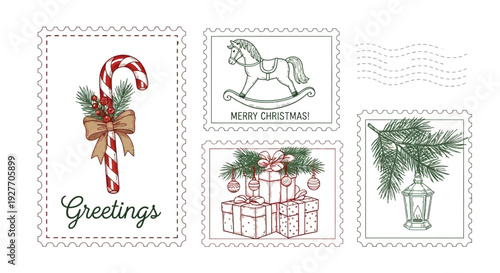 Christmas postage stamps with festive illustrations like candy cane and gifts, holiday greetings