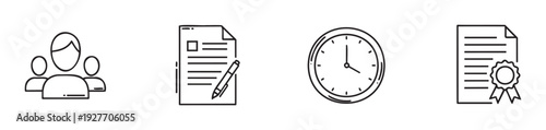 Business workflow management icons including team collaboration, document signing, time tracking, and professional certification for corporate operations and project planning resources.