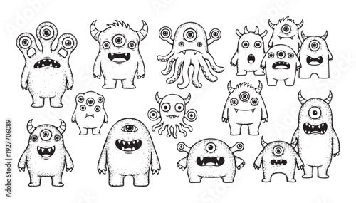 A charming collection of quirky doodle style monsters featuring various expressive faces and multiple eyes, ideal for playful graphic resources, childfriendly designs, or fun educational