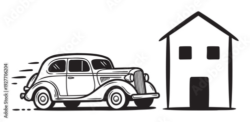 Classic automobile traveling quickly towards a traditional house outline, symbolizing aspirations for home ownership and mobility for real estate promotions and family journey advertisements
