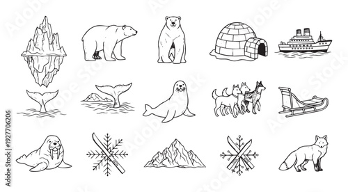 Discover the captivating allure of the polar environment through a comprehensive group of outline graphics featuring iconic arctic wildlife, traditional shelters, and essential