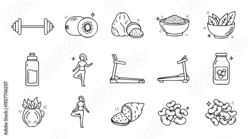 Collection of hand drawn line icons representing health, fitness, healthy eating, and wellness activities perfect for mobile apps or educational resources