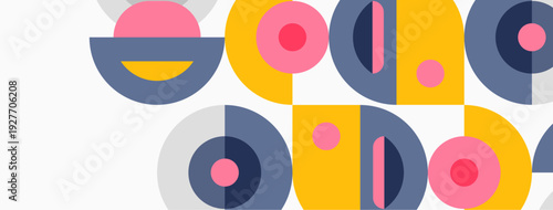 Abstract geometric shapes, circles, arcs, pink, purple, yellow, gray. Minimalist design, flat illustration, modern aesthetic.