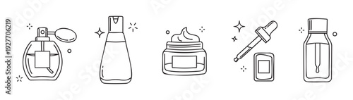 Collection of skincare and cosmetic product line icons including perfume, lotion, cream, and serums, perfect for illustrating beauty routines or product packaging concepts