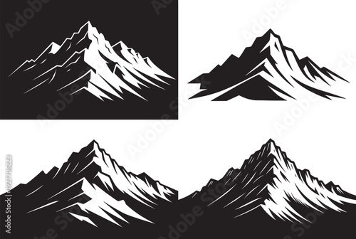Black and white mountain range silhouette illustrations with jagged peaks, rugged terrain, sharp contrasts, outdoor nature landscape design elements for adventure, travel, logo, and branding concepts
