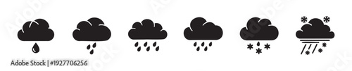 Set of black weather icons featuring clouds and various precipitation types including single raindrop, light rain, heavy rain, snow, and sleet for forecast applications