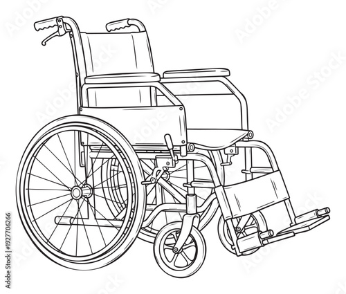 Black and white outline sketch of a standard manual wheelchair, a crucial medical device for patient transport and enhanced personal mobility in hospital settings and home care.