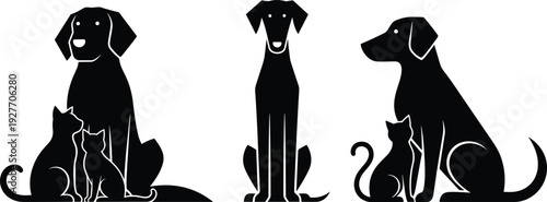 Pet silhouette vector collection, cats and dogs sitting together, animal shelter icons, veterinary clinic graphics, flavector domestic feline canine set.