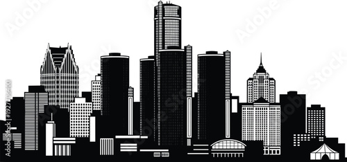 Detroit city skyline silhouette, downtown skyscrapers and Renaissance Center isolated black vector illustration urban architecture design