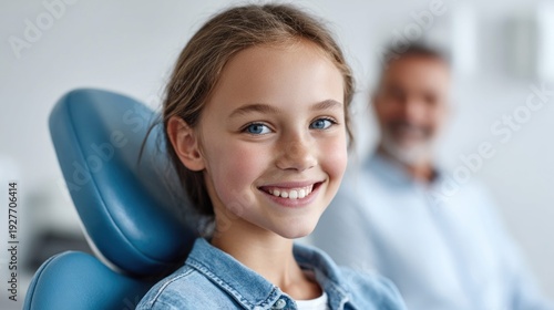 Smiling young girl at the dentist's office with healthy teeth and a bright smile