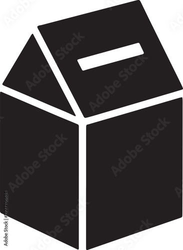 Simple black silhouette of open cardboard box with slot on top isolated on transparent background