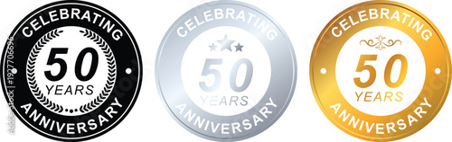 50 Years Anniversary Celebration Seal Badge Collection — Gold Silver Black Jubilee Emblem Labels for Business, Brand Milestone Recognition & Packaging Design