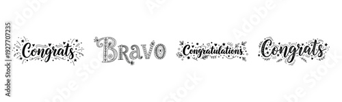 Decorative congrats and bravo lettering designs with floral patterns