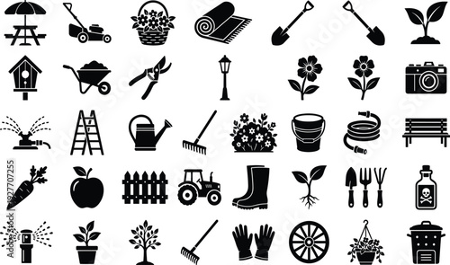Gardening tools and farm icons silhouette set vector illustration, black shovel rake watering can tractor flower seedling for agriculture garden nature and outdoor designs