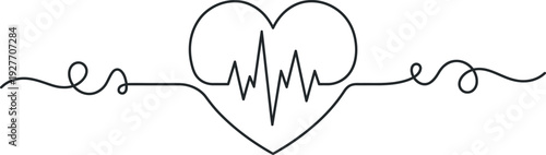 Continuous line art drawing of a heart shape with an electrocardiogram heartbeat pulse line, black on white background