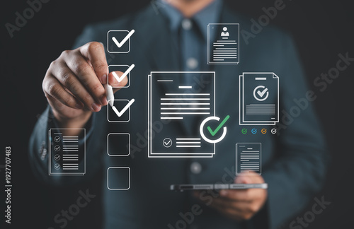 Document approval and productivity tracking concept with businesswoman using digital pen to check virtual checklist, representing task management and ISO compliance verification.
