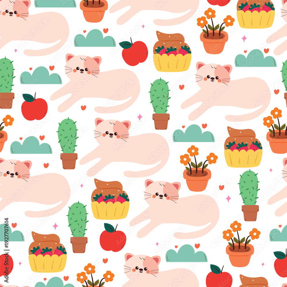 Obraz premium cute seamless pattern hand drawn cartoon cat with plant and dessert. cute animal pattern background