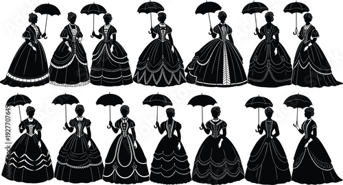 Victorian women silhouette collection, elegant ladies in vintage dresses with umbrellas isolated black vector illustration set