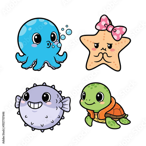 Set of cute underwater sea creatures featuring blue octopus starfish with pink bow puffer fish and turtle for aquatic life and nursery theme