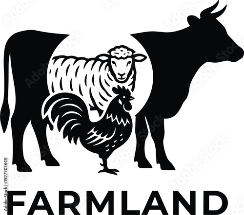 Farm animals silhouette vector illustration, black cow sheep rooster group with FARMLAND text for agriculture rural livestock farm and countryside