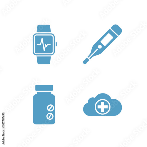 Digital healthcare icons set with smartwatch thermometer pill bottle and cloud medical symbol, blue flat design for mhealth and clinic apps