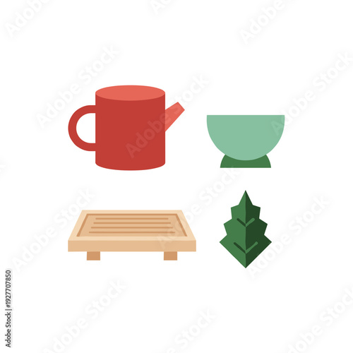 Minimalist flat vector illustration of traditional tea set featuring a red teapot green teacup wooden tray and a single green tea leaf symbol