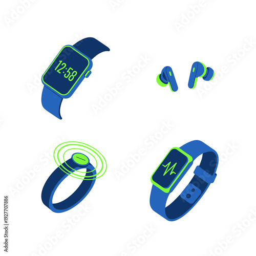 Modern wearable technology icons set including smartwatch wireless earbuds smart ring and fitness tracker in blue and neon green colors