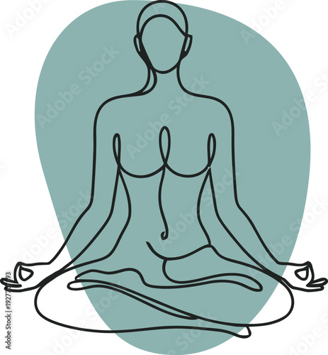 Continuous line drawing of a faceless person in a lotus yoga pose with hands in Gyan Mudra against a teal organic shape