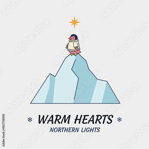 Cute penguin wearing a sweater standing on top of an iceberg with a star above it and text warm hearts northern lights in a winter theme