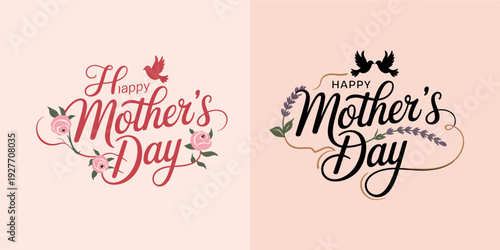 Two Happy Mothers Day Greeting Card with Floral and Bird roses birds
