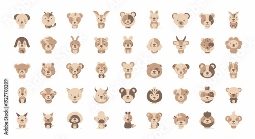 A collection of adorable, cartoonish animal face icons in various styles and expressions