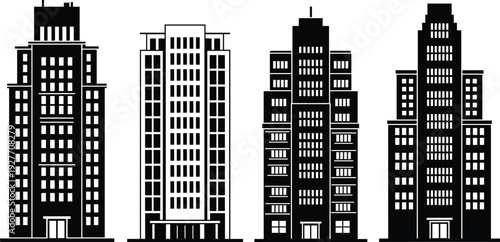 Skyscraper building silhouettes set, modern urban office towers isolated black and white vector illustration architecture collection
