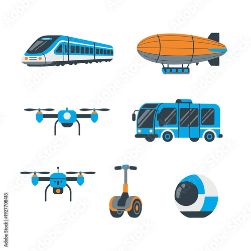 Modern Transportation Vector Icons Set Including Train Blimp Drone Bus Electric Scooter and Space Capsule for Urban Mobility and Travel Design