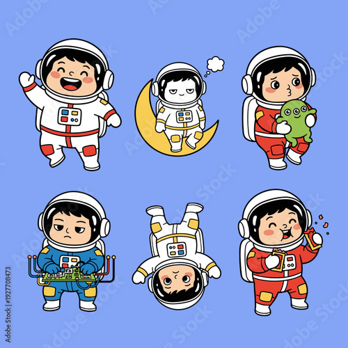 Collection of Cute Little Astronaut Characters in Various Poses Including Floating Thinking Eating and Playing with Alien for Space Theme Art