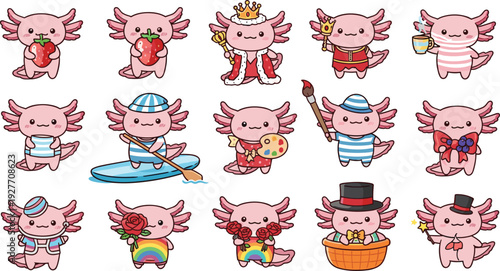 Cute Axolotl Cartoon Character Set Kawaii Pink Salamander Collection