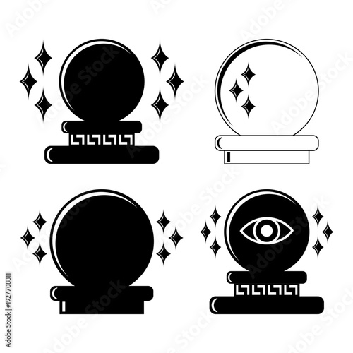 Magic crystal ball icons set for fortune telling and psychic prediction.