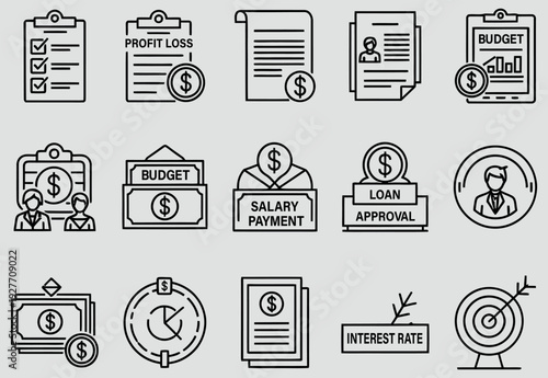 Finance and accounting outline icon collection. Includes profit loss, budget, salary payment, loan approval, interest rate, and money symbols. Created in thin line style with black and gray