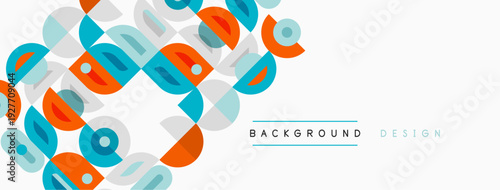 Abstract geometric pattern. Circles, squares, rectangles overlap creating modern design. Light background enhances vibrant colors.