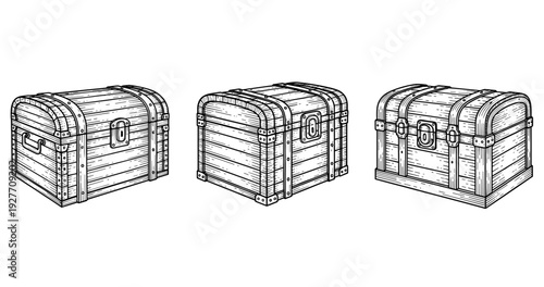 Hand-drawn vintage wooden treasure chests set with detailed lock design