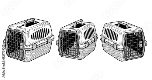 Set of three pet carriers with handles and ventilation grids