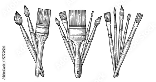 Set of assorted art paintbrushes in vintage sketch style