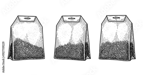 Monochrome illustration of three hanging tea bags in detailed pen drawing