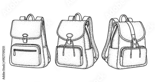Black and white sketches of three backpacks with tripod view from different angles
