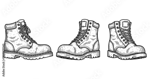 Vintage style illustration of trio of detailed work boots