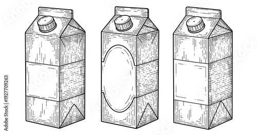 Hand-drawn sketch of three milk cartons with detailed line art and labels